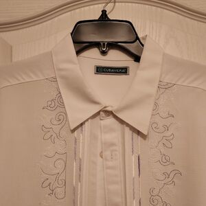 Cubavera Men's White With Blue White Embroidered Button Down Shirt